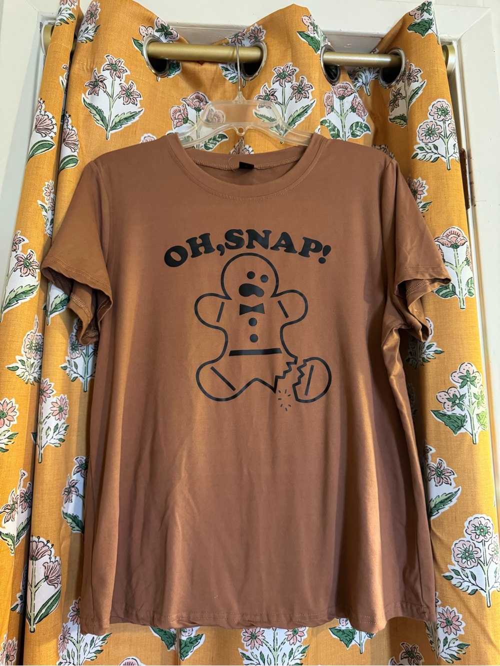 SHEIN Brown "OH, SNAP!" Gingerbread Graphic Short Sleeve Tee